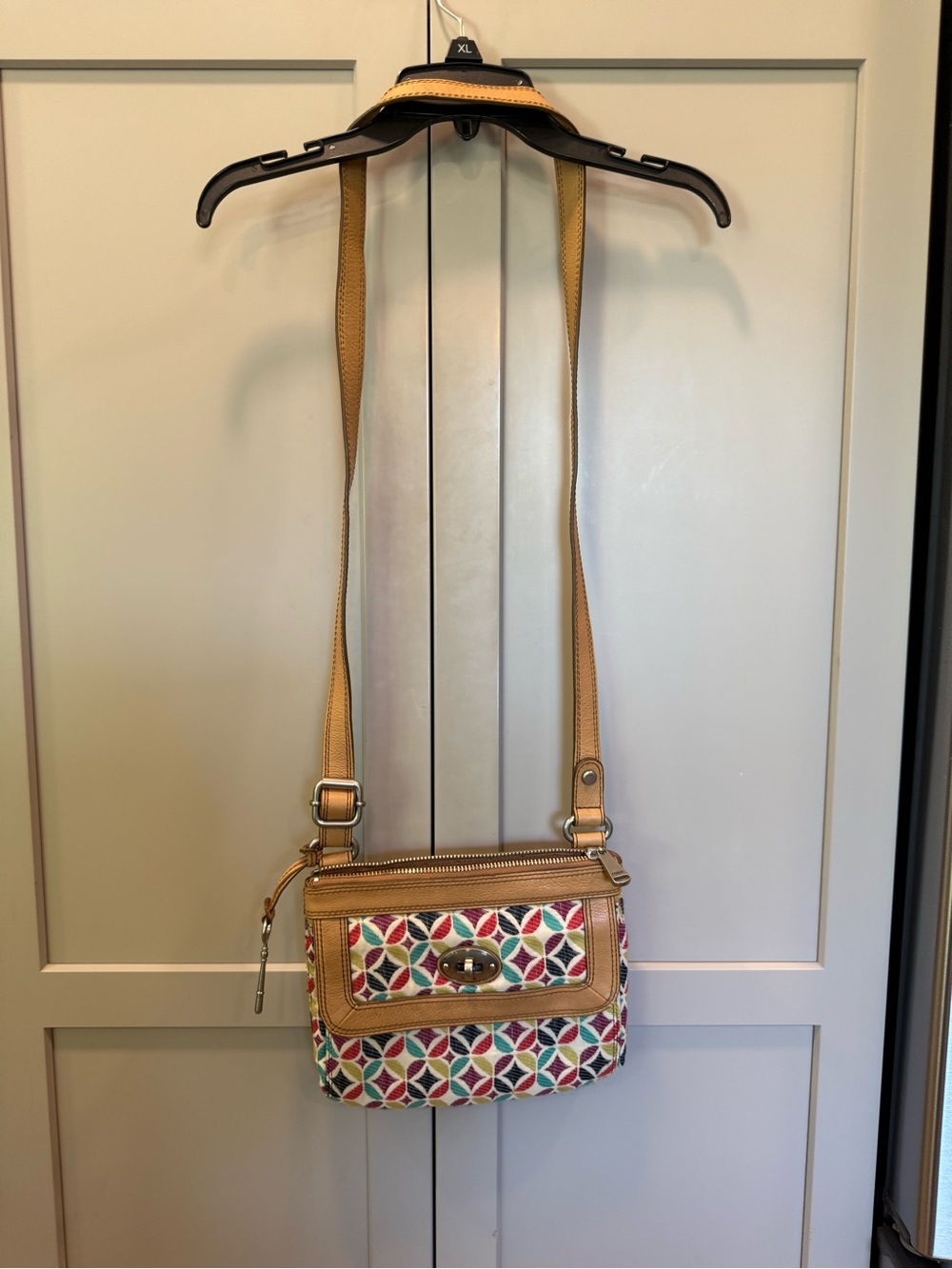 Fossil Multicolor Geometric Crossbody with Tan leather Strap
